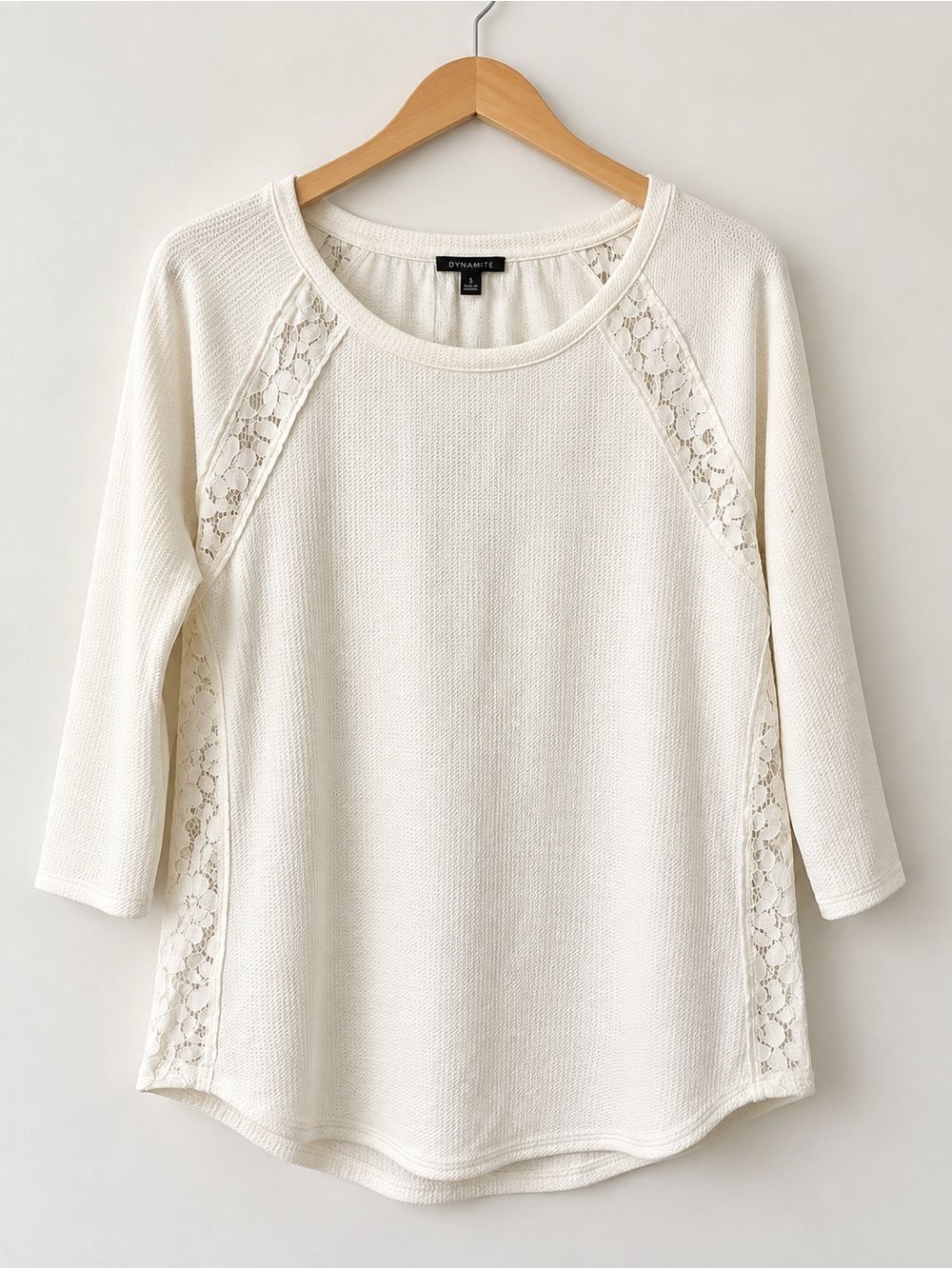 Dynamite Ivory Lace Panel 3/4 Sleeve Top – Size L | NWT